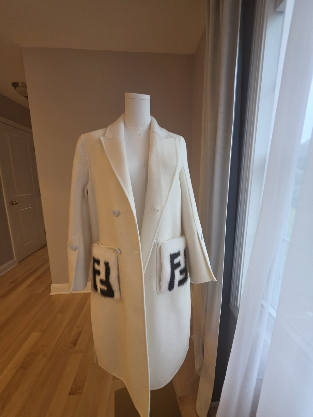 Fendi Ivory Wool-Blend Long Coat with Logo Patch Pockets